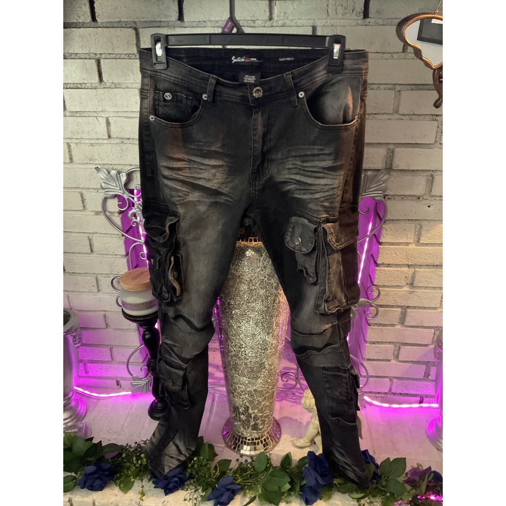 Switch Remarkable Mens Black Washed Slim Taper Cargo Moto Jeans 32x32 Streetwear